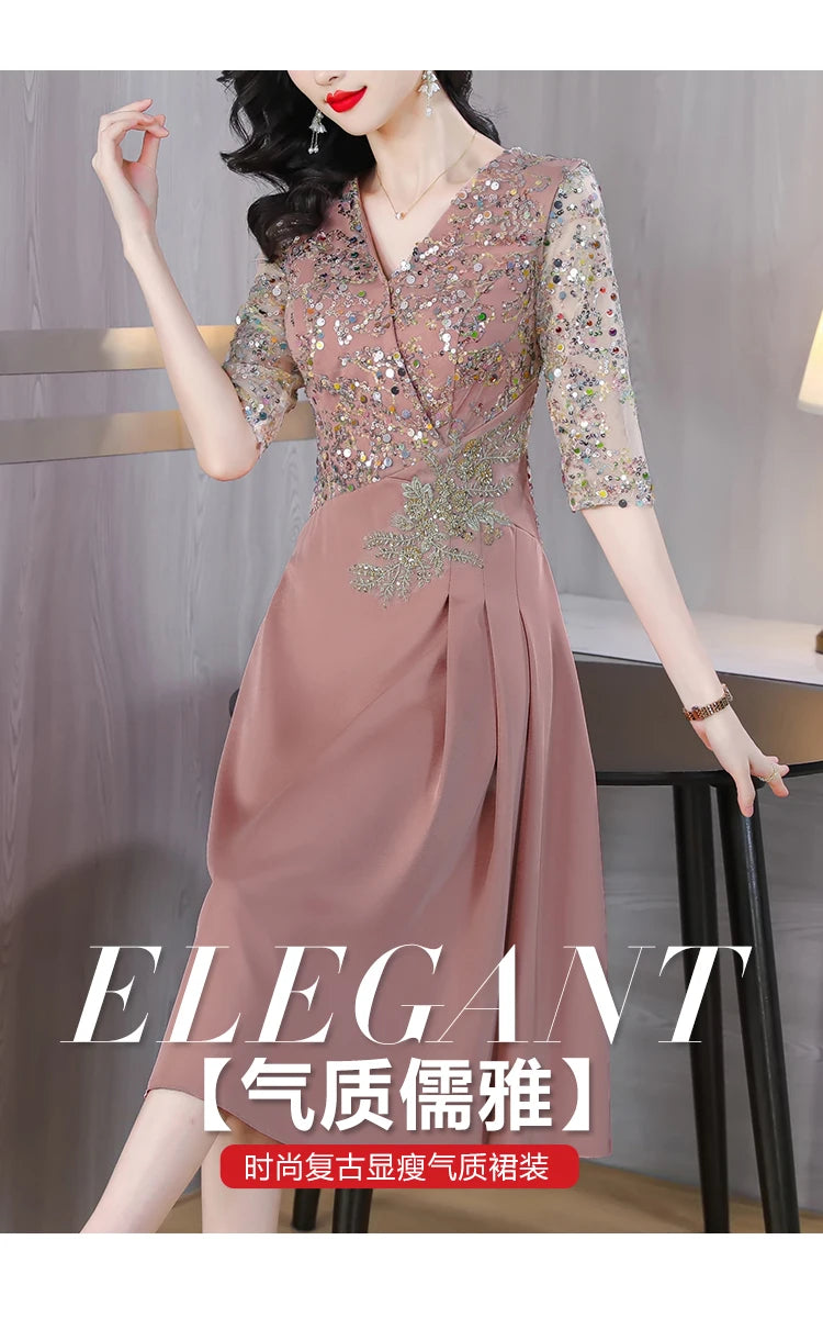Summer New Sequins Luxury Chic Evening Wedding Dress 2024 Women's Elegant Bodycon Midi Dress Satin Vintage Casual Party Vestidos