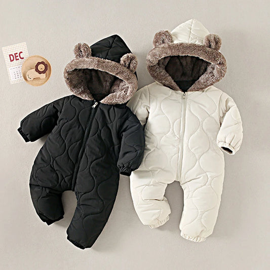 2025 Winter New Baby Boys Girls Bodysuit Solid Color Plus Velvet Thick Jumpsuits For 6M-3Y Kids Warm Hooded Rompers Snowsuit