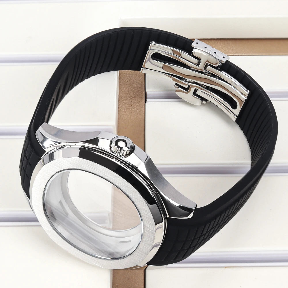 42mm Silver NH35 Watch Case Polished Brushed Black strap SapphireGlass For Nautilus AQUANAUT Cases Part NH35 NH36 NH38 32mm Dial