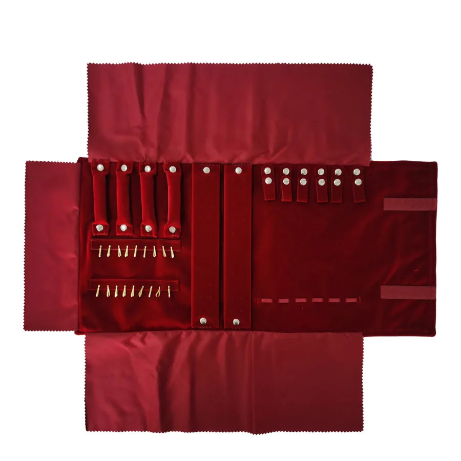 Burgundy Velvet Jewelry Roll Bag Portable Foldable for Necklace Earrings Ring Travel Exhibitions Organizer Storage Bag