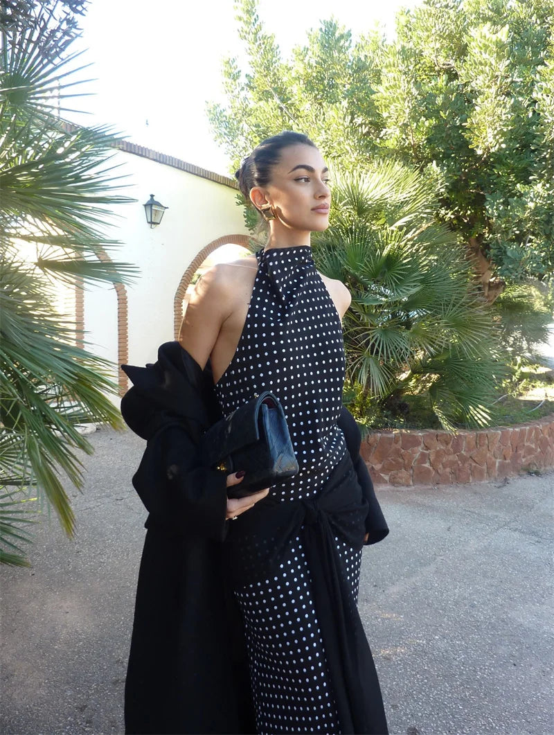 Blifanbo Polka Dot Halter Backless Sexy Maxi Dress Women Gown Ribbon Patchwork Off-shoulder Sleeveless Fashion Club Party Dress