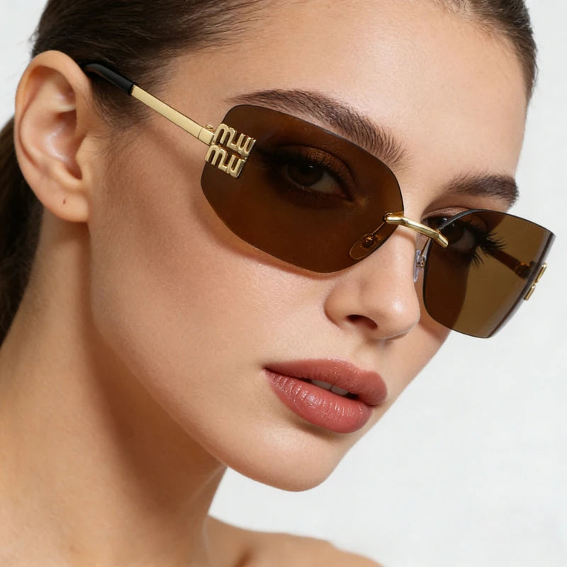 Women Brand Designer Rivets Rectangle Gradient Curved Shades Classic Sun Glasses Female Funky Metal Luxury Rimless Sunglasses