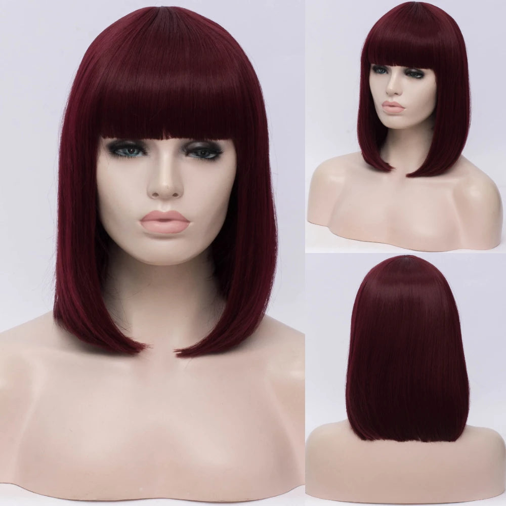 MSIWIGS Women Synthetic Straight Short Bob Wigs With Bangs Blue Golden Red Black White Purple Green Brown Cosplay Wig Female
