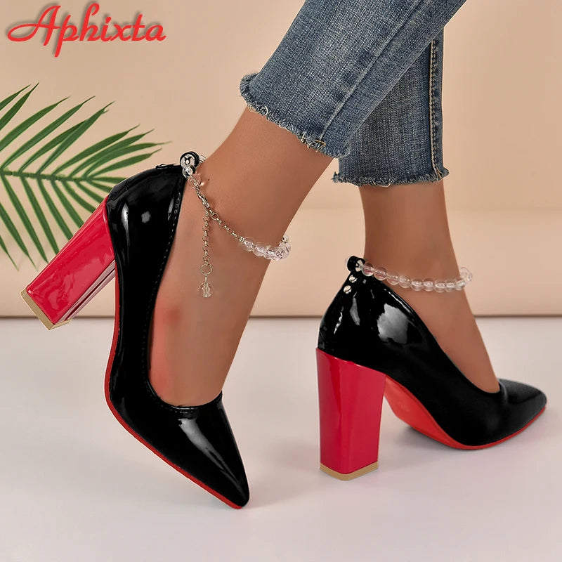Aphixta Crystal Glass Ball 3.94inch High Square Heels Pumps Women Transparent String Bead Chain Strap Shoes Big Size 50 53