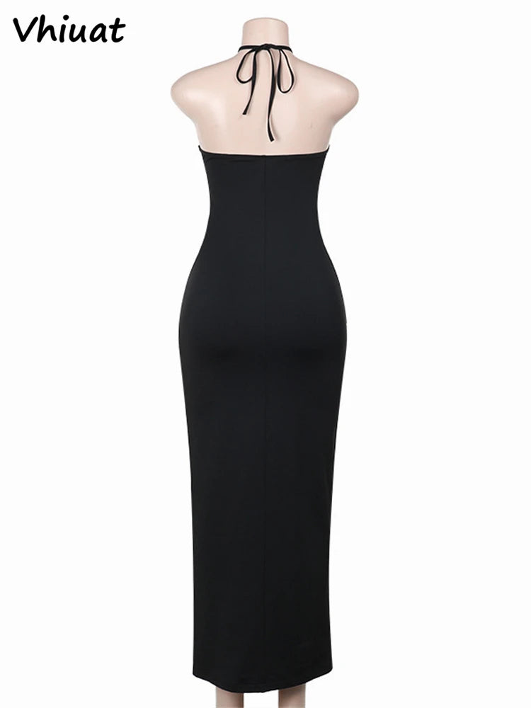 Vhiuat Hollow Out Sexy Women Striped Evening Party Maxi Dress Sleeveless Backless Halter Elegant Fashion Long Dresses Y2K 2024