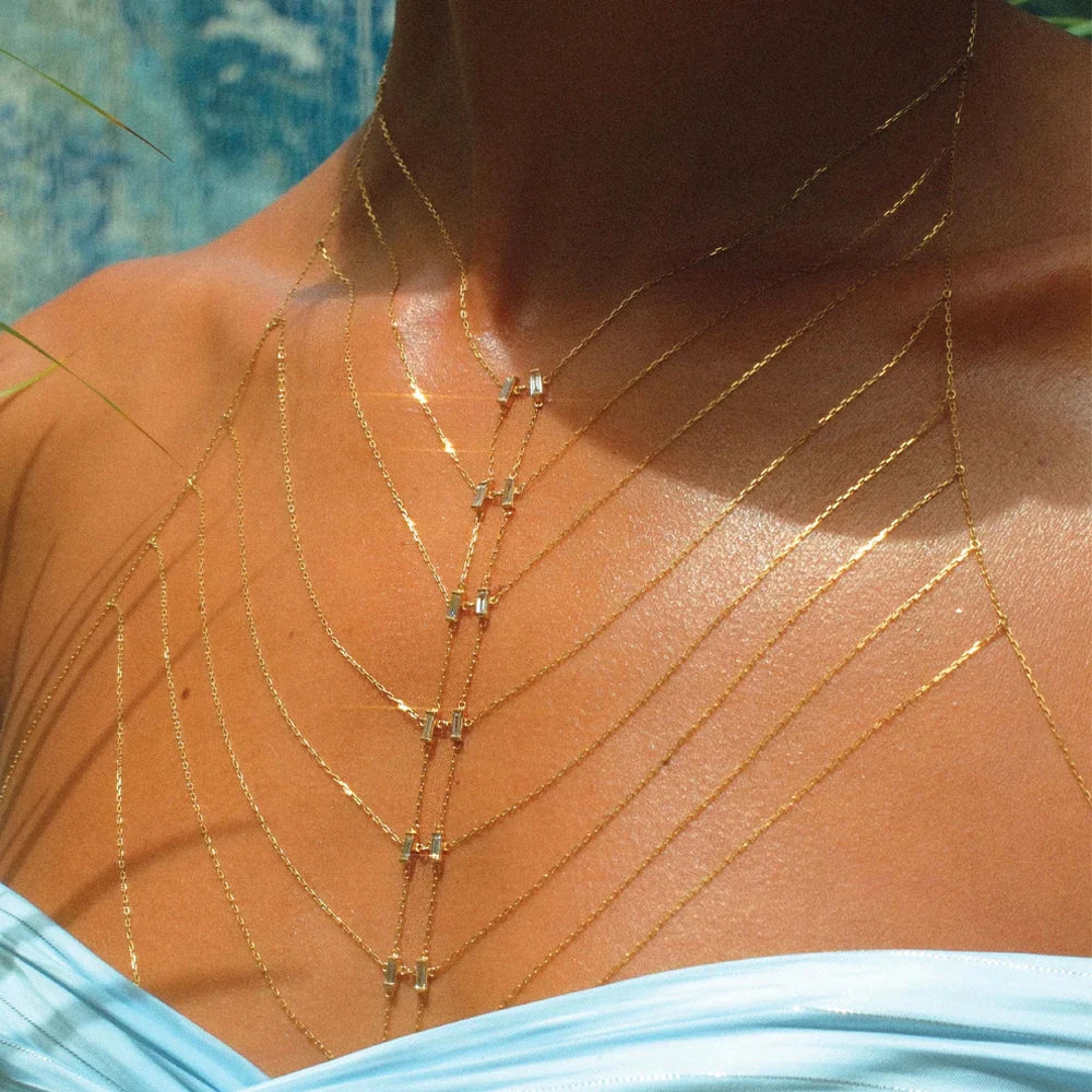 Multi-layer Body Chain Necklace Dress Women Sexy Harness with Colorful CZ Paved Hollow Bling Tassel Chain Fashion Party Jewelry