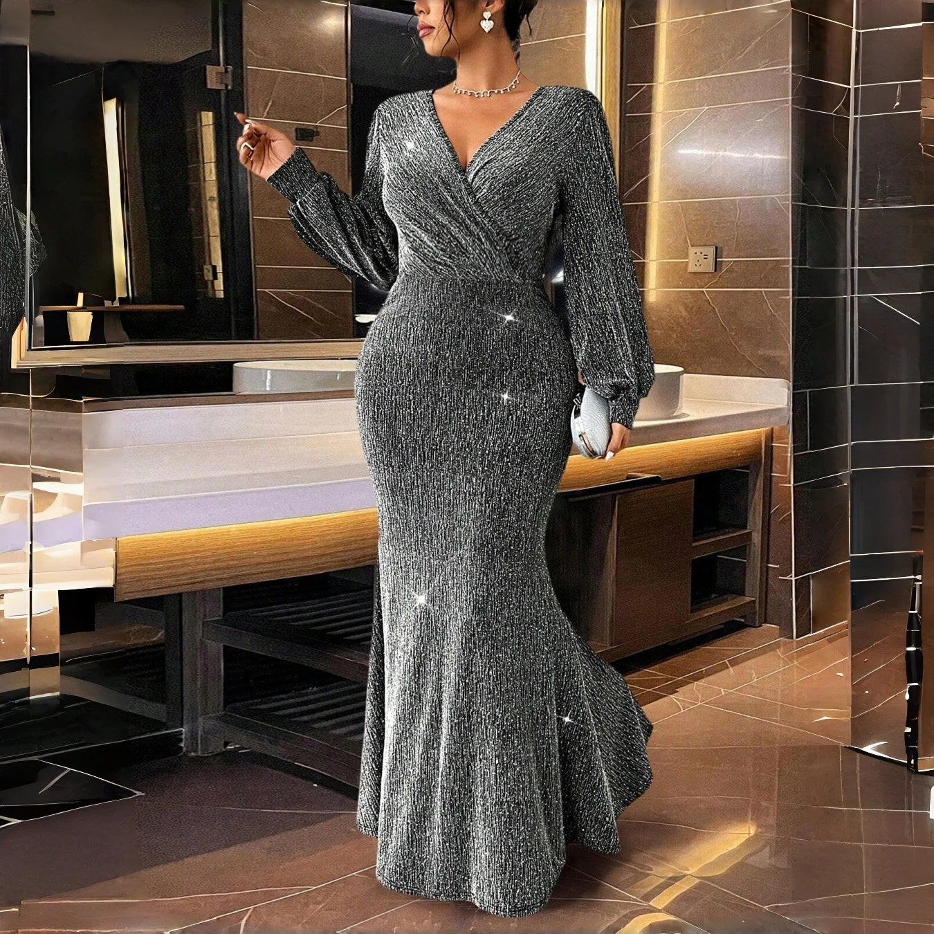Spring Plus Size Fashion Elegant Temperament Dress Long Sleeve V Neck Slim Evening Gown Formal Party Prom Cocktail Dress