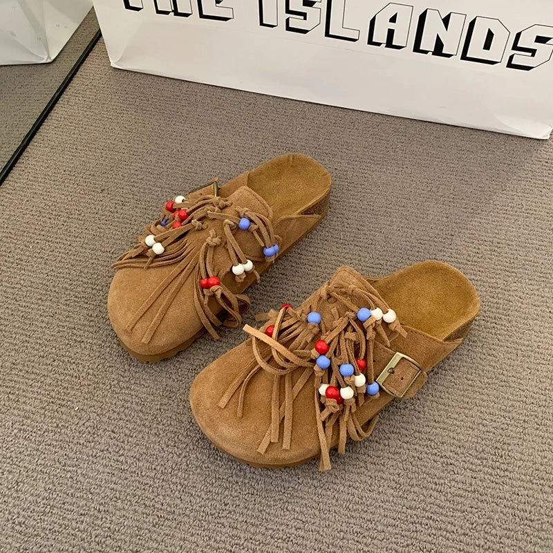 2025 Women Mules Shoes Flats Suede Women's Sandals Fringes Summer Fashion Slippers Walking Dress Cozy