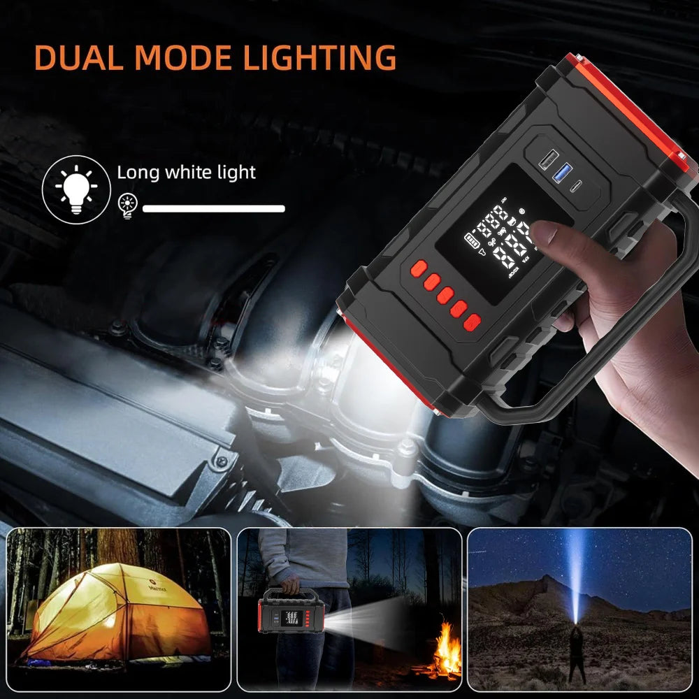 4‑IN‑1 Portable Car Jump Starter with Air Compressor, Tire Inflator, Power Bank with Fast Charging & LED Light for 12V Emergency