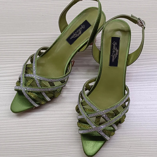 INSIGHTLINK Lady Olive green/Orange/pink/Yellow Rhinestones high-heeled sandals Women Wedding banquet Dress high heels shoes