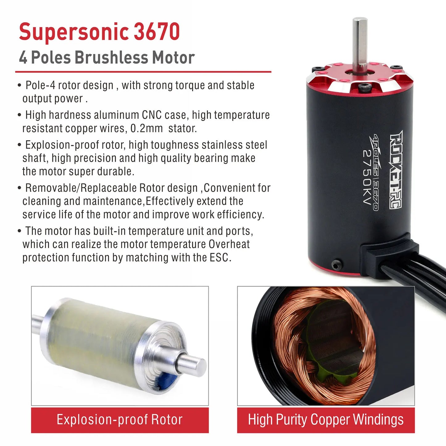 Rocket RC V2 supersonic 3650 3660 3665 3670 3674 Built -in Temperature Sensor Brushless Motor for 1/8 1/10 RC Car Off-Road Boat