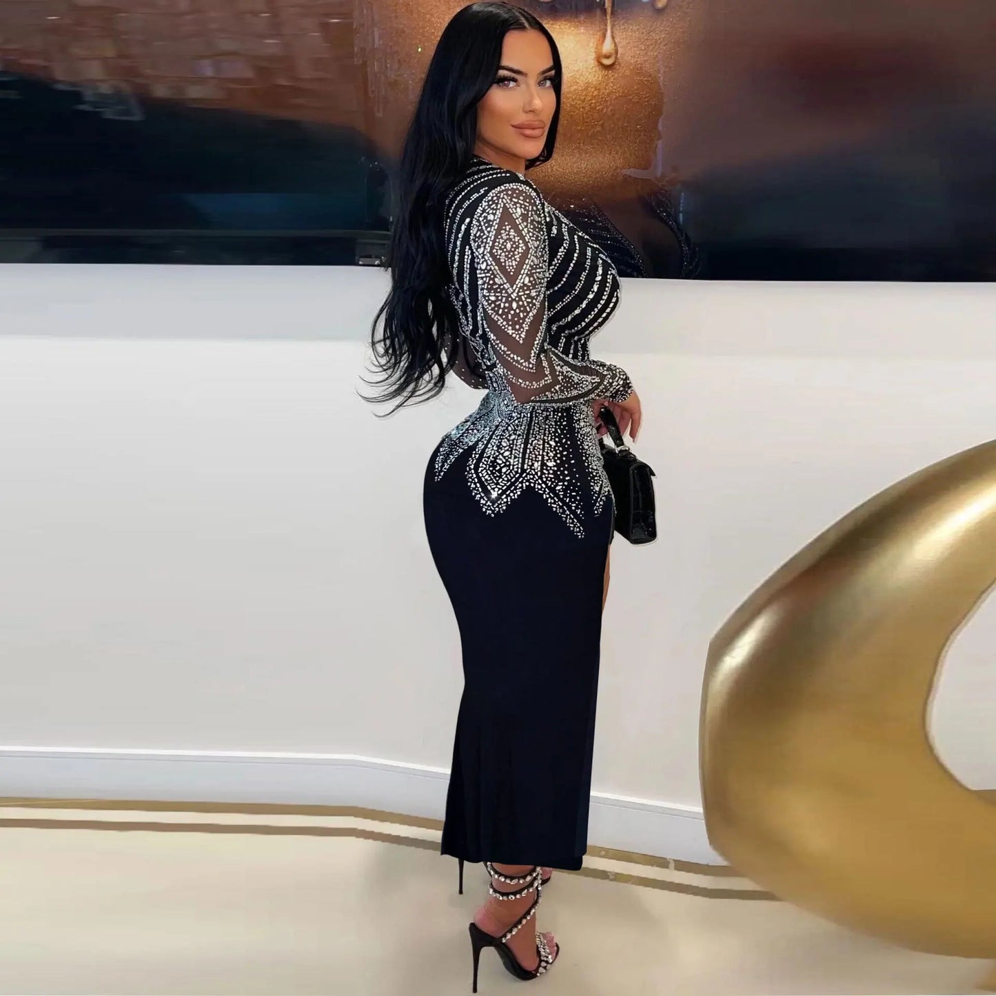 HBLL Elegant Women Deep V-neck Long Sleeve Split Diamonds Hot Rhinestone Maxi Dress Luxury Celebrity Evening Party Wedding Dress