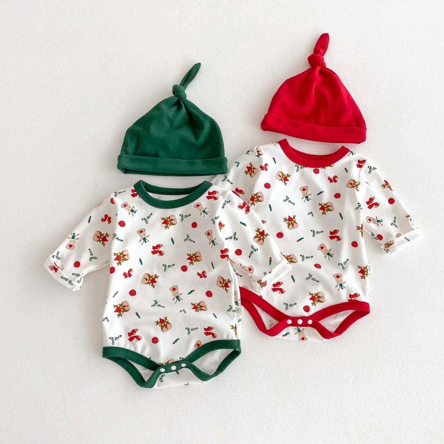 New Spring Autumn Baby Christmas Pajamas Set Long Sleeve Santa Print Bodysuit with Pants and Hat Infant Festive Sleepwear B6076