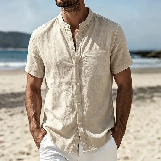 Men's Cotton Linen Shirt Summer Lightweight Breathable Short Sleeve Henley Neck Casual Shirts Male Vacation Beach Style Tops