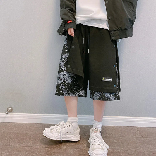 Men's Faux 2 Layer Breasted Bandana Shorts Spring Summer High Street Pants Oversize Paisley Harajuku Hip Hop Trousers 2025 Z1