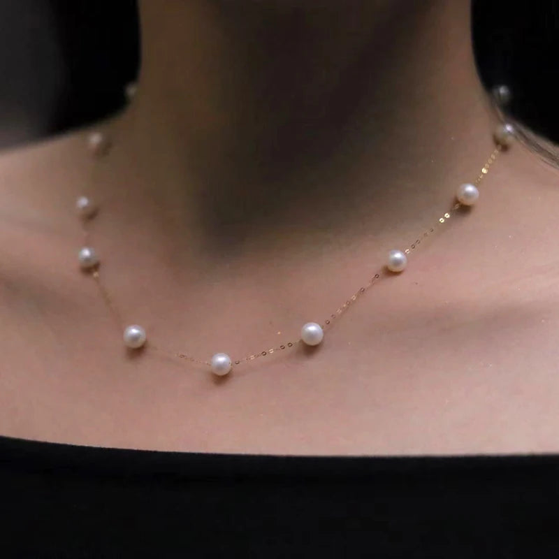 XF800  Real 18K Gold Natural Pearl Necklace Au750  Bracelet Fine Jewelry Round Aniversary Gift For Women White T628