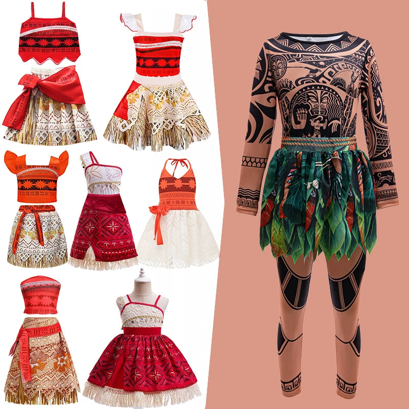 Children Cosplay Dresses Girls Moana Princess Dress for Kid Halloween Maui Vaiana Costume Children Birthday Party Clothes Set