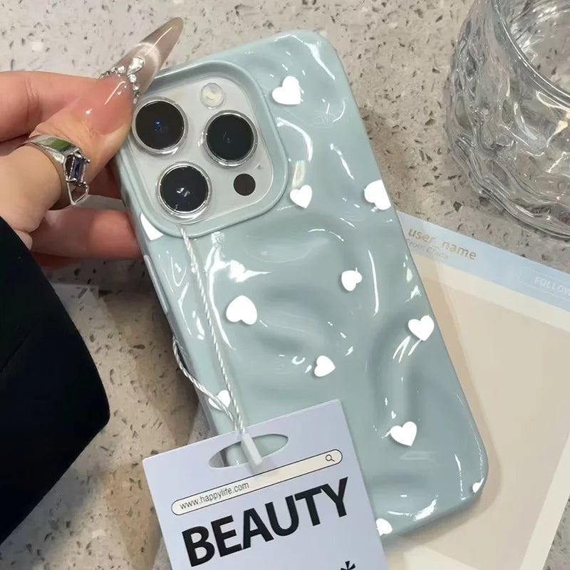 White Small Love Pattern Phone Case For iPhone 17 16 15 14 13 12 11 Pro Max 15 16 Plus Shockproof Soft Back Wave Texture Cover