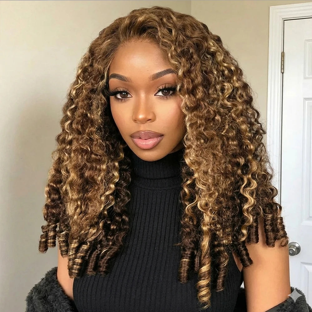 Highlight Burmese Curly Half Wigs Glueless Human Hair With Drawstring Colored 3 IN 1 Half Wigs Flip Over Burmese Curly Half Wigs