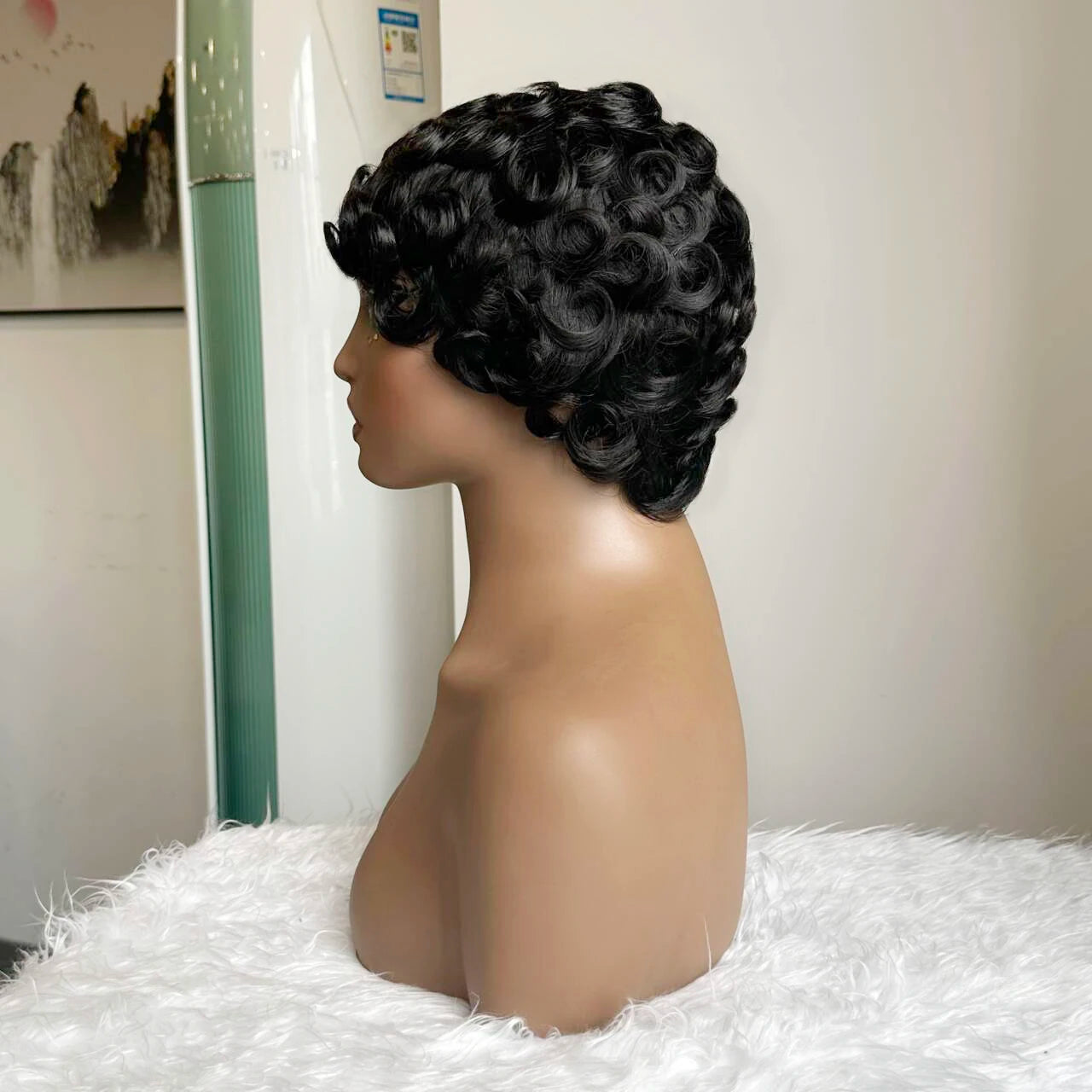 Short Layered Pixie Curly Wigs Human Hair Chic Pixie Cut Human Hair Wig With Bangs Black Color Full Machine Made For Women