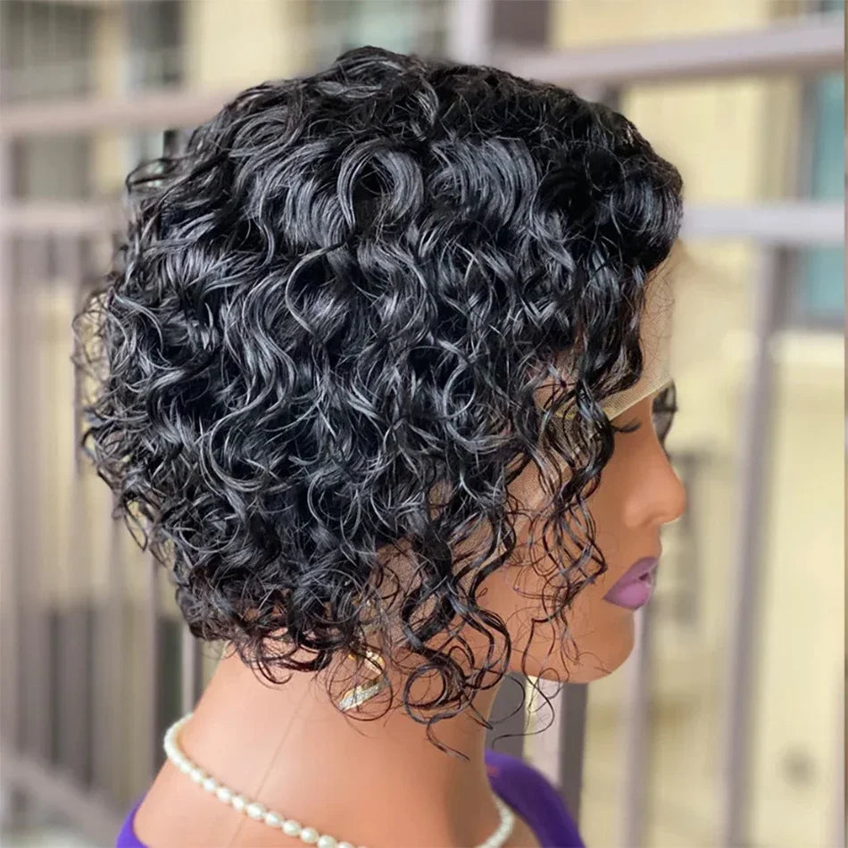 13X4 Lace Side Part Pixie Cut Water Curly Wig Short Inch Hair Wig Malaysian Hair 100% Human Hair Natural Color Lace Frontal Wig