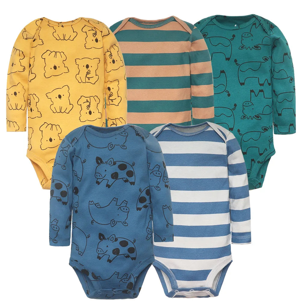 5Pcs/Lot Baby Bodysuits Long Sleeves Newborn Baby Clothes 100% Cotton Cartoon Baby Clothing Infant Baby Boy Girl Clothes