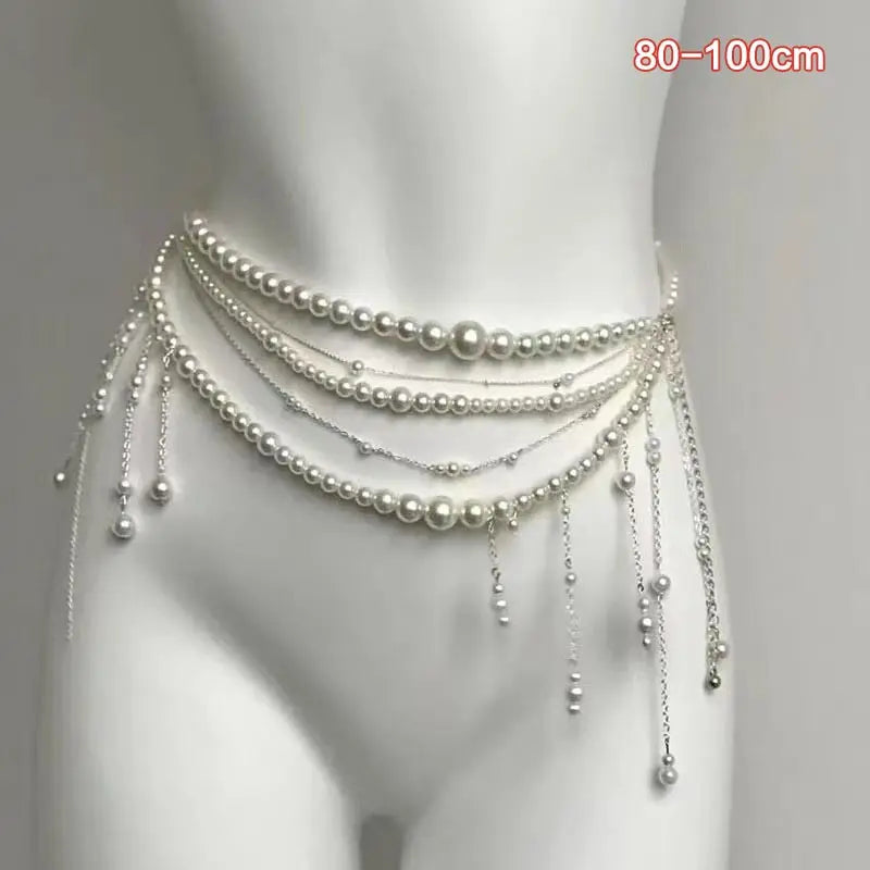 Sexy Geometric Pearl Waist Chain For Women Flower Tassel Double Layer Beads Chain Belt Streetwear Summer Fashion Body Jewelry