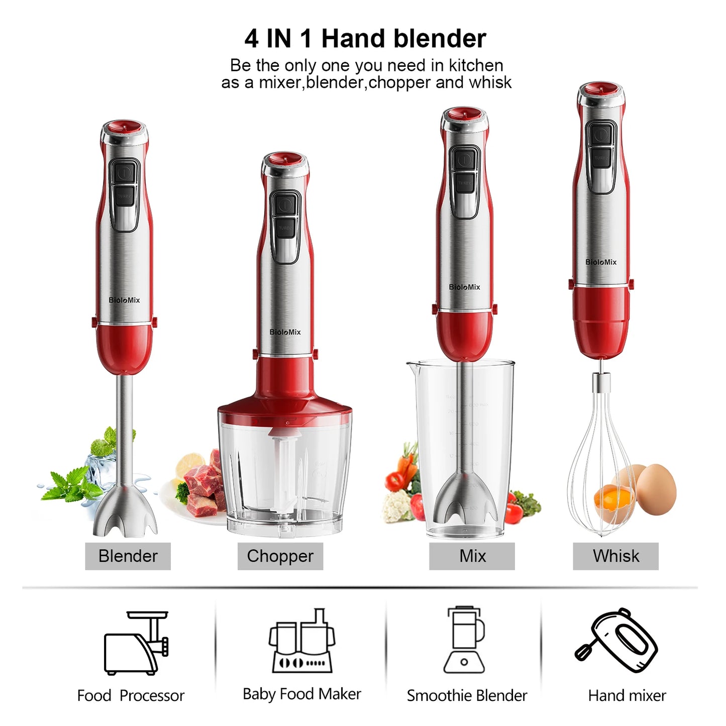BioloMix 4-in-1 Hand Stick Blender 1200W Stainless Steel Immersion Mixer Chopper Smoothie Cup Ice Blades for Baby Food