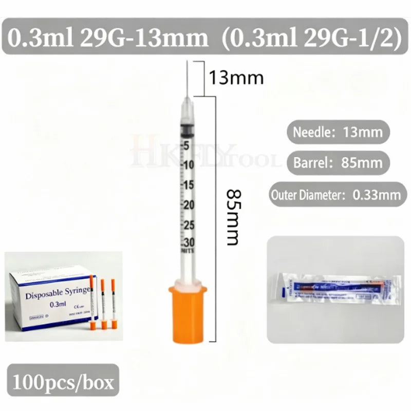 100pcs/box 0.3ml/0.5ml/1ml Disposable Sterile Syringes with 31G 6mm 8mm 29G 13mm 30G Needles for Lab Measuring Pet Feeding