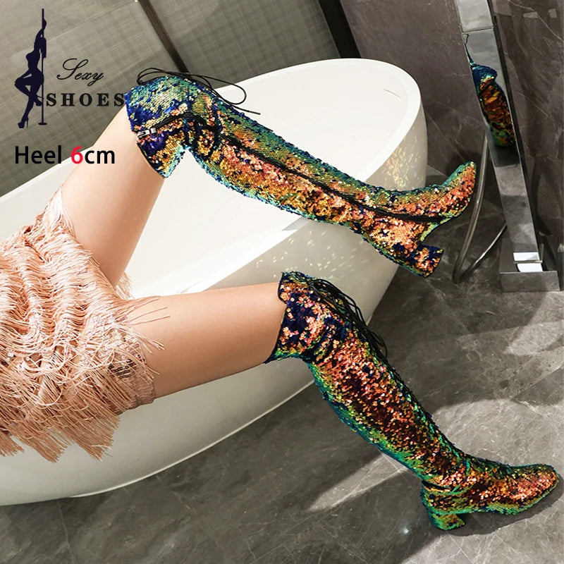Glitter Bling Boots Women Over the knee Chunk High Heels Zipper Lace-Up Runway Lady Shoes Large Size Thigh High Boots Size 46