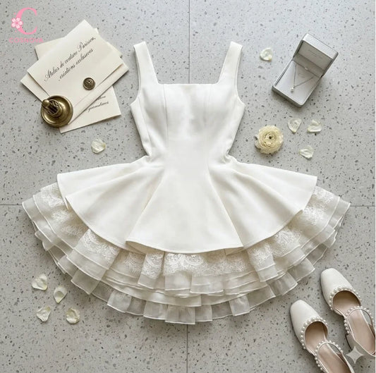 Elegant Sweet Princess Sleeveless Waist Tight Women White Summer Dresses Lace Ruffle Hem Party Dress Female Chic Popular Clothes