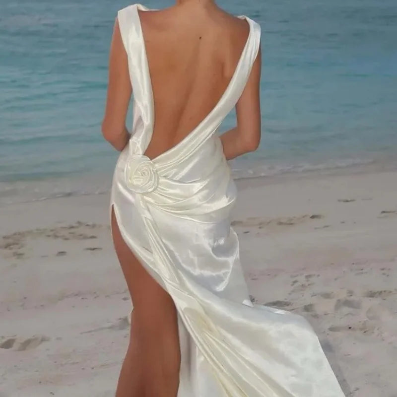 Elegant Satin Dress for Women Sexy Spliced Floral Hollow Out Backless Slit Long Dresses 2025 New Chic Temperament Cocktail Dress