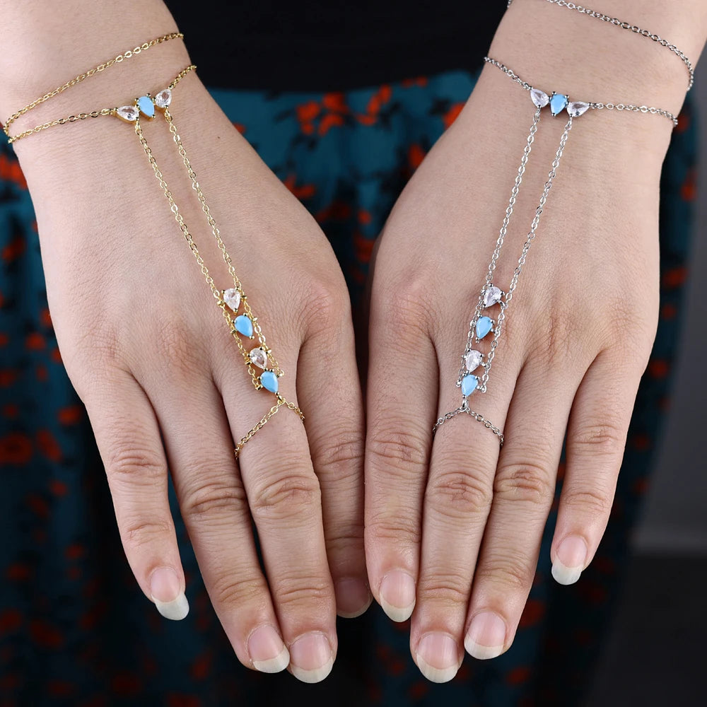 2025 New High Quality Geometric Bezel Setted Blue Turquoises Stone Summer Hot Fashion Jewelry Women Hand Chain Bracelet