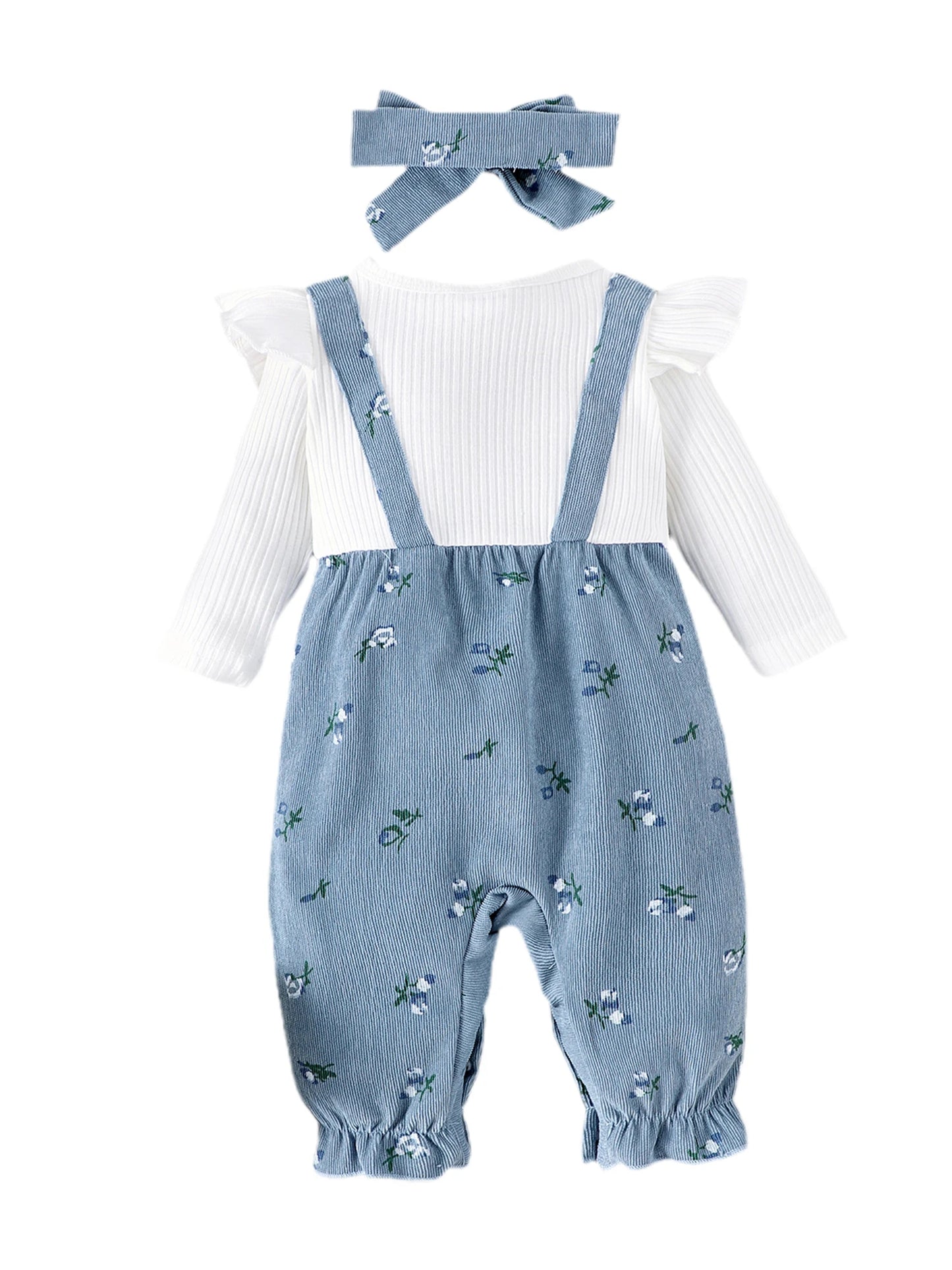 Sweety Baby Girls Long Sleeve Romper Floral Print Fake Two Pieces Patchwork Bow Jumpsuits Headband Set