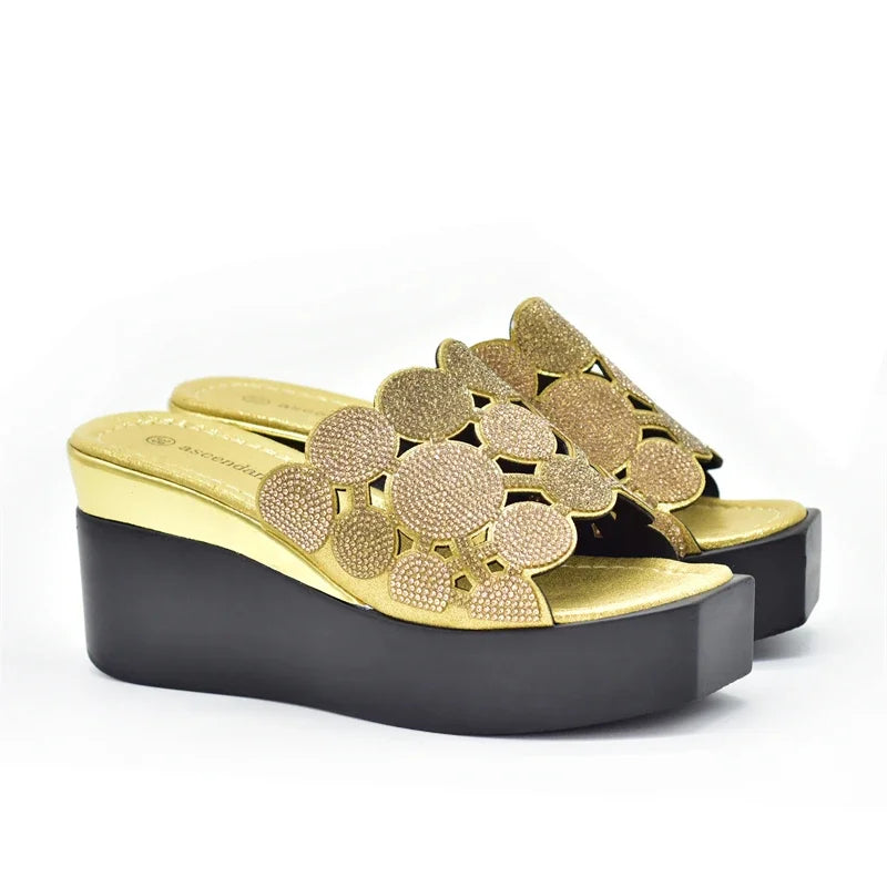 New Fashion Lady Shoes with Rhinestone Crystal Design Open Toe Sexy Nigerian Ladies Shoes Party Wedding Shoes Slippers Pumps
