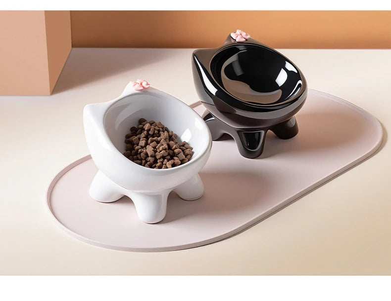 Ceramic Heightening Bowl Set | Cute Macaron Color Series，Slanted Spill-Proof，Cat Slow Feeder Bowl，InsEasy to Clean，Multi-Color O