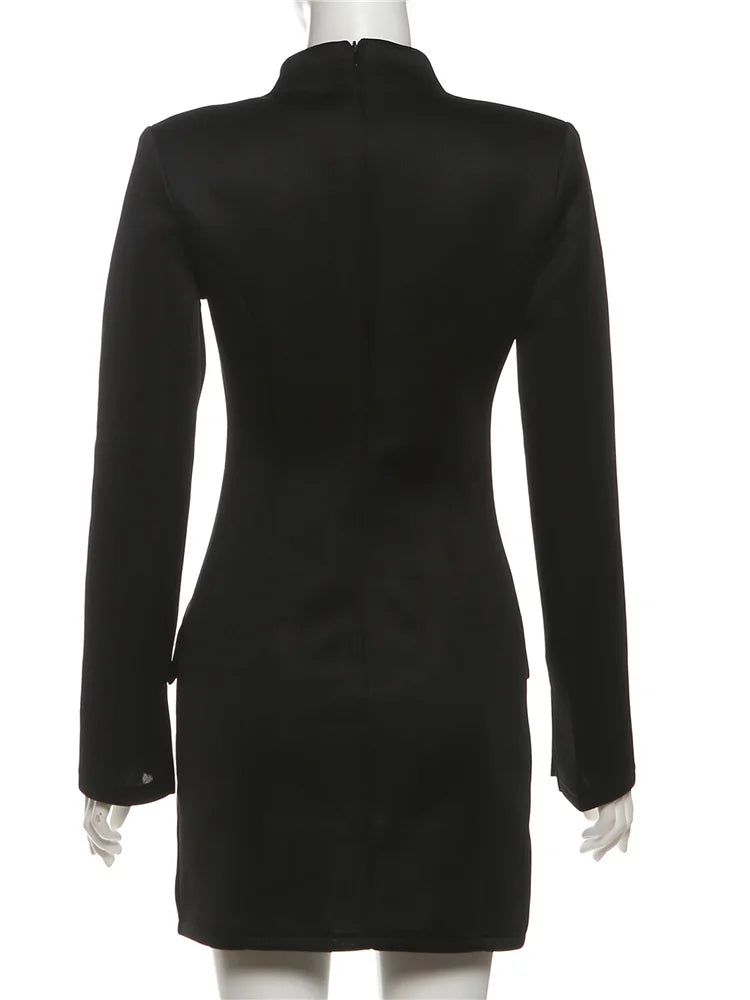 Cutenew Women Trend Elegant Office Dress Autumn Single Breasted Stand Collar Simple Solid Street Commute Skinny Suit Bodycon