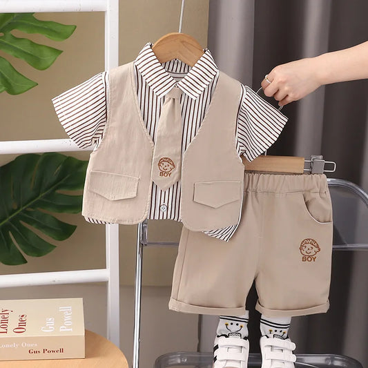 Toddler Summer 1st Birthday Boy Outfit 2024 Korean Style Striped Turn-down Collar Short Sleeve Shirts + Shorts Boys Clothes Sets