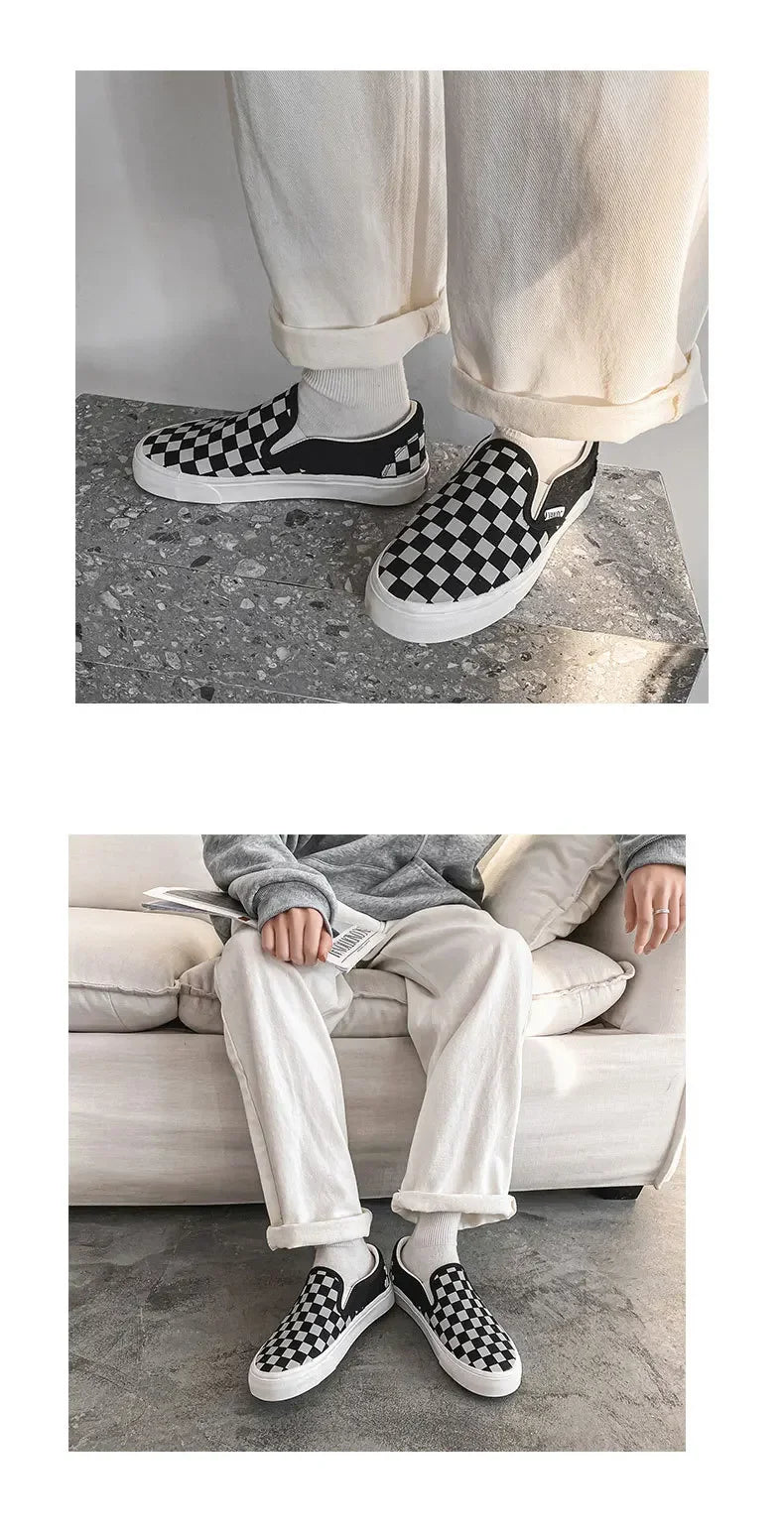 Black White Plaid Canva Women's Shoes Student Vintage Hong Kong Style Versatile Flat Shoes Korean Version Harajuku Casual