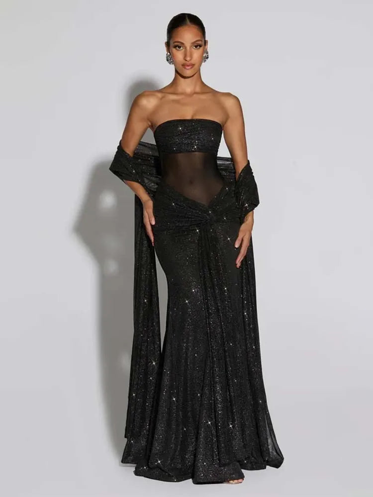 Townlike Slim Bodycon A-line Maxi Long Dress Women 2025 Summer Dress Ribbon Sparkle Glitter Nightclub Sexy Party Dresses