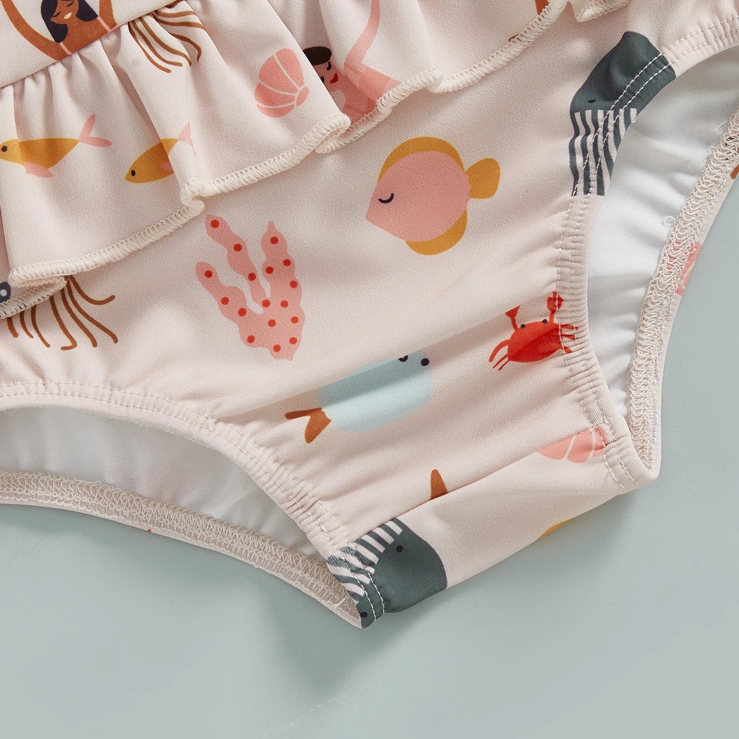 MISOWMNJOY Cute Baby Girls Long Sleeve Swimsuit Beachwear Ocean Elements Print Ruffle Toddler Infant Bathing Suit Swimwear