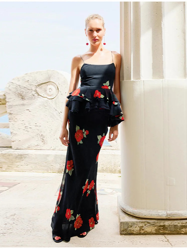 Printed Layered Pleated Top Half Skirt Women Set Sleeveless Slim Top Straight Tube Fishtail Skirts Summer Beach Vacation Suit