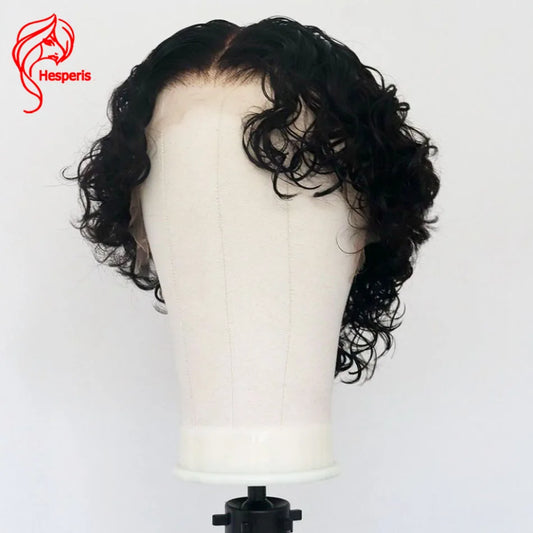 Hesperis Short Curly Wigs Natural Color Lace Front Human Hair Wig Pixie Cut Men's Wig With Bangs Curly Mullet Wig Middle Part