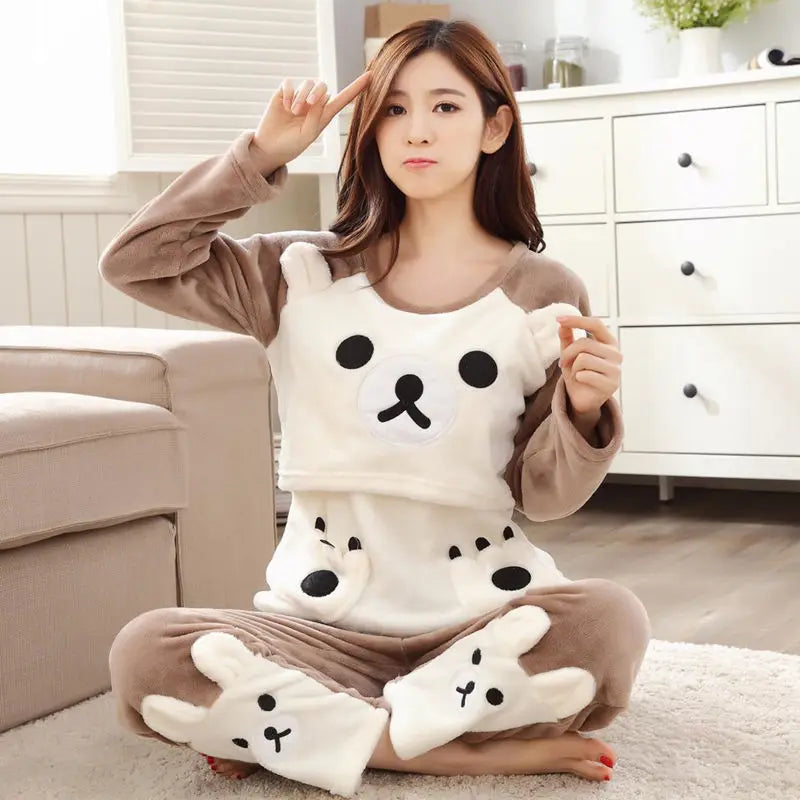 Autumn Long Sleeve flannel Maternity Clothing winter Thin coral fleece Pajamas Set Pregnant Women Breastfeeding Nursing Pyjama