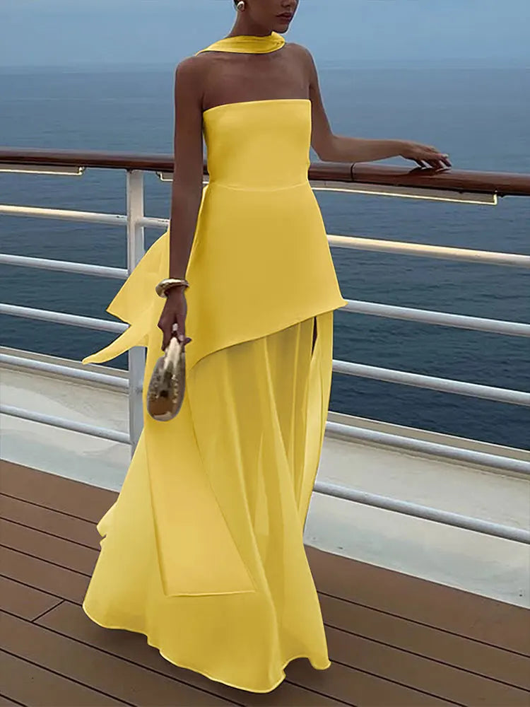 Summer New Women Dresses Streetwear Fashion Ribbon Zippers Split Maxi Dress Solid Sexy Sleeveless Strapless Lady Dress Clothing