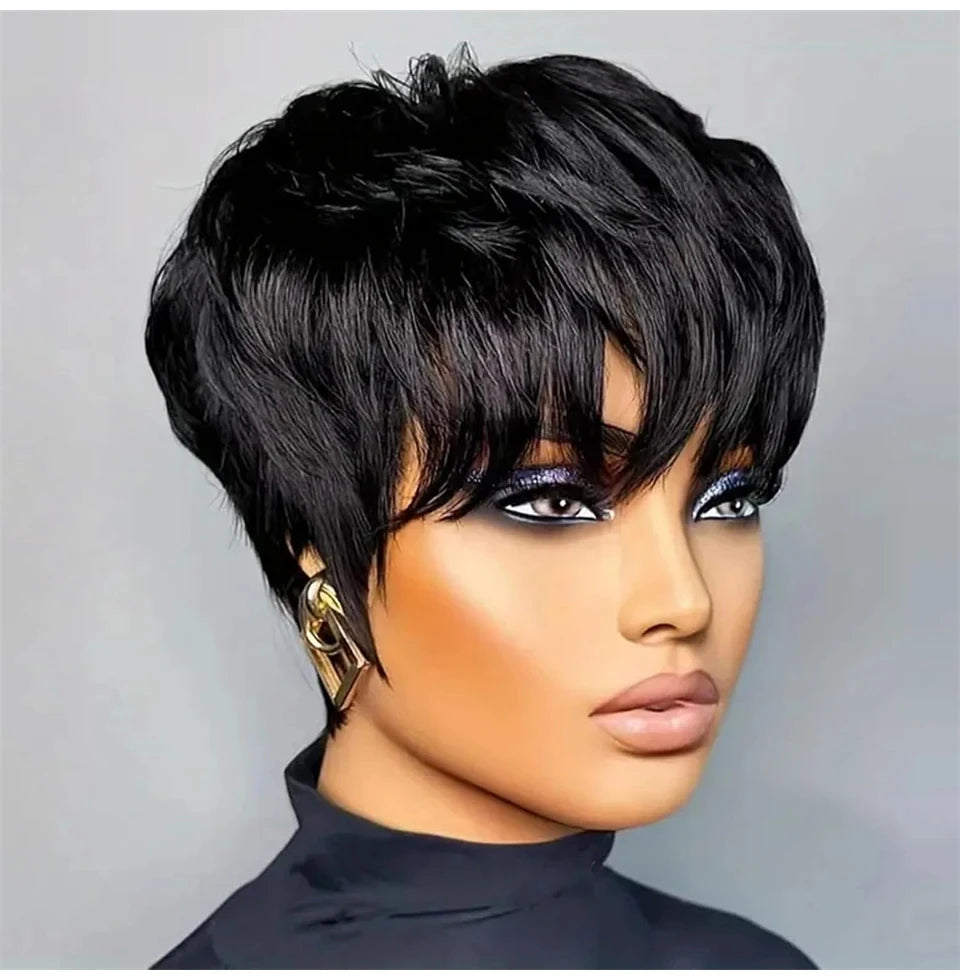 Short Pixie Cut Wig Human Hair Ready to Wear Brazilian Human Hair Bob Wig for Women Black Color Full Machine Short Straight Wigs