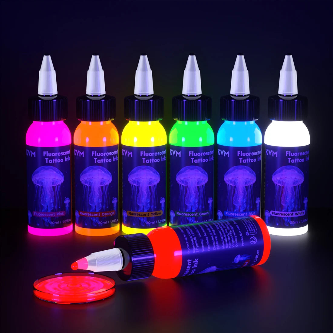 Fluorescent Tattoo Ink 30ml 7 Color Pigment Equipped with Ultraviolet Light Illumination Suitable for Body Art Tattoo Supplies