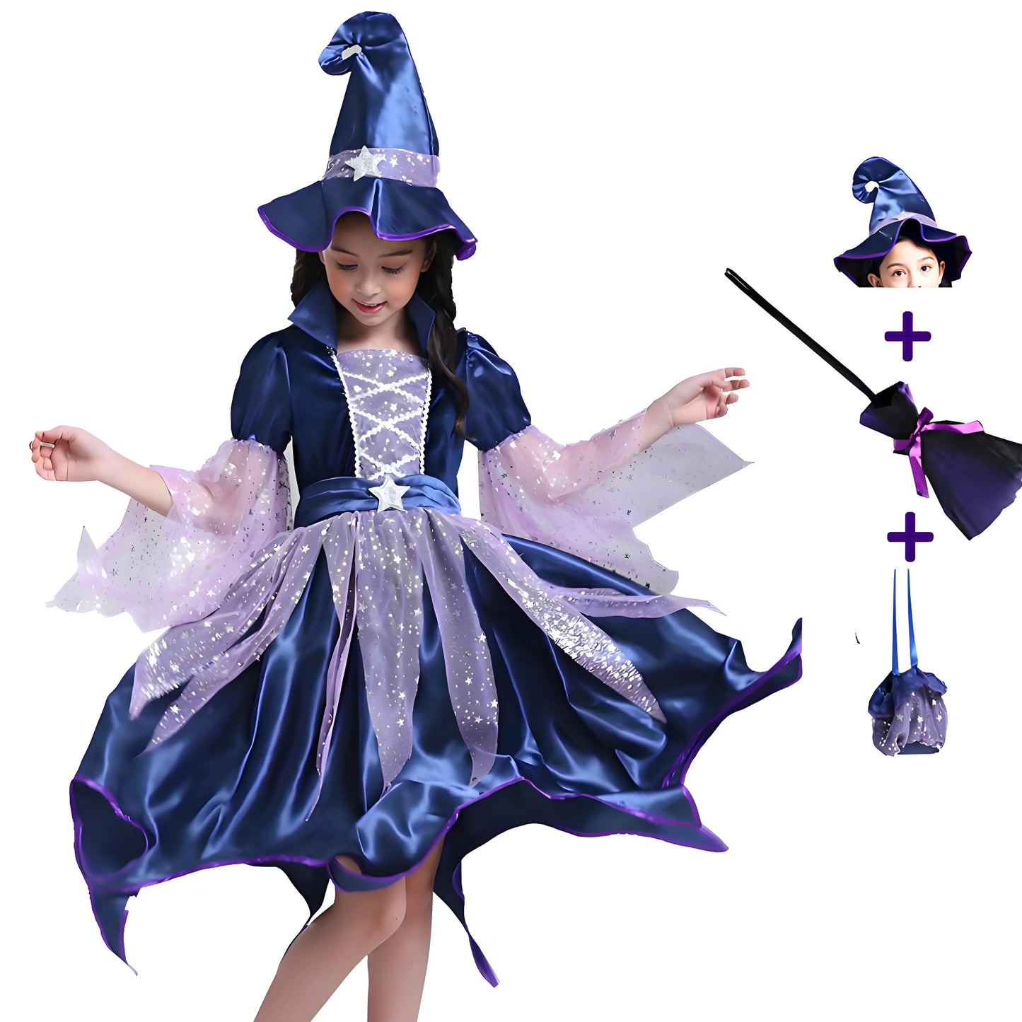 2026 Halloween Blue Witch Costume for Girls with Witch Hat Wand Bag Accessory Set  2-12T Girl Role Play Party Dress Vestidos