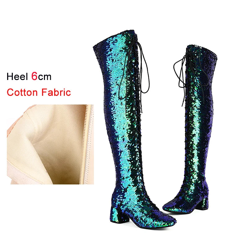 Glitter Bling Boots Women Over the knee Chunk High Heels Zipper Lace-Up Runway Lady Shoes Large Size Thigh High Boots Size 46