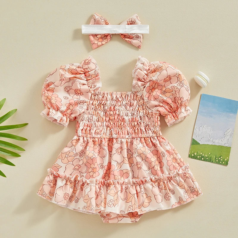 Summer Infant Baby Clothing Girls Rompers Dress Fruit/Flower Print Ruched Short Sleeve Jumpsuit Hairband For Newborn Clothes